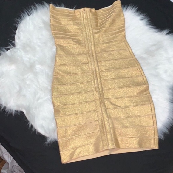 Herve Leger Metallic Gold Dress Bodycon Rayon - Picture 3 of 8